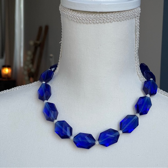 Chunky Faceted Oval Blue Glass Mother Of Pearl Bead Spacer 925 Clasp Necklace - Picture 8 of 14